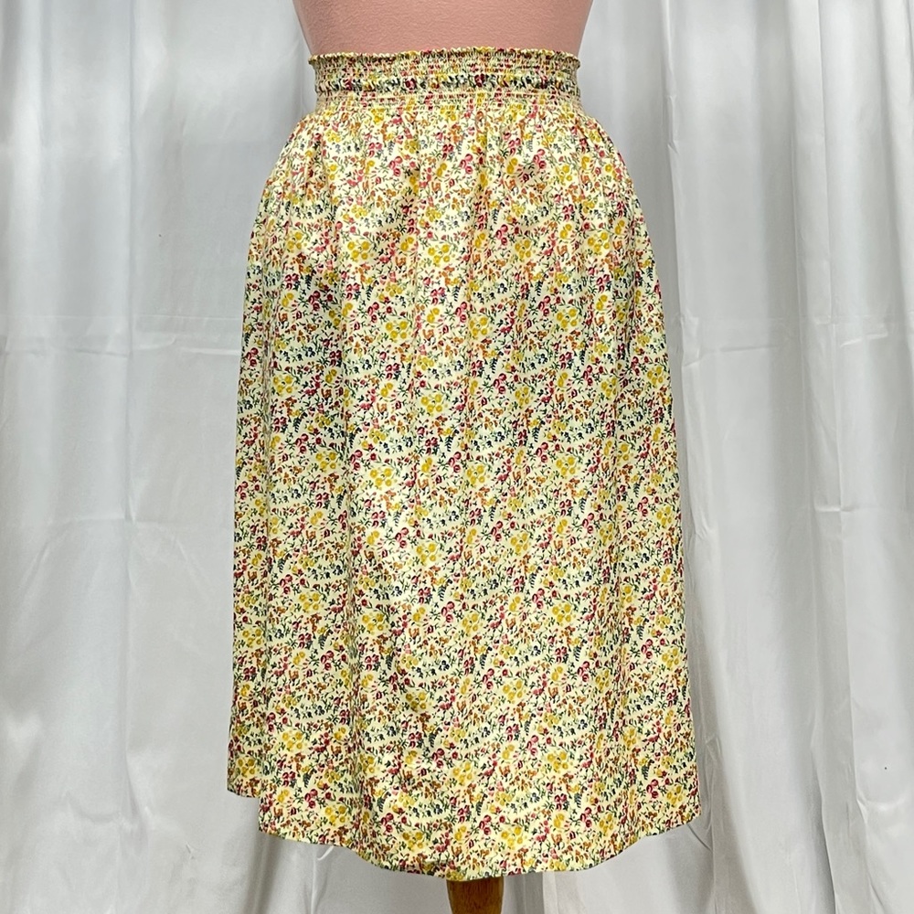 Large Vintage Handmade Floral Yellow Cream Skirt Wide Stretch Waist Band Spring